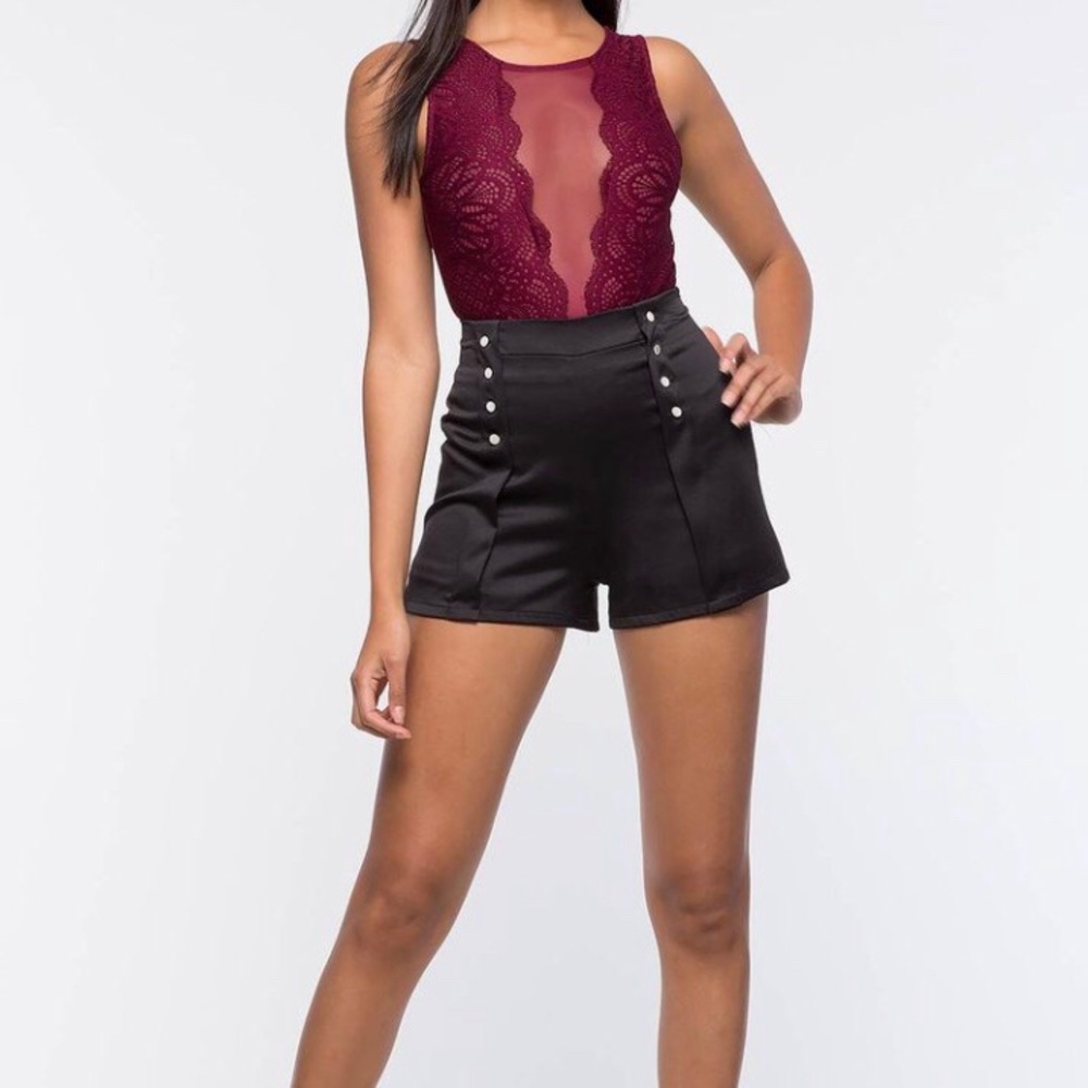 Giselle Lace Mesh Bodysuit in burgundy color
